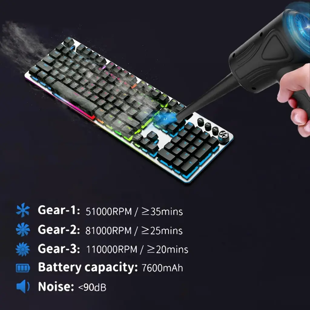 KOSIY Cordless Air Duster 7600mAh Rechargeable Compressed Air Duster w/ Light for Keyboard Laptop