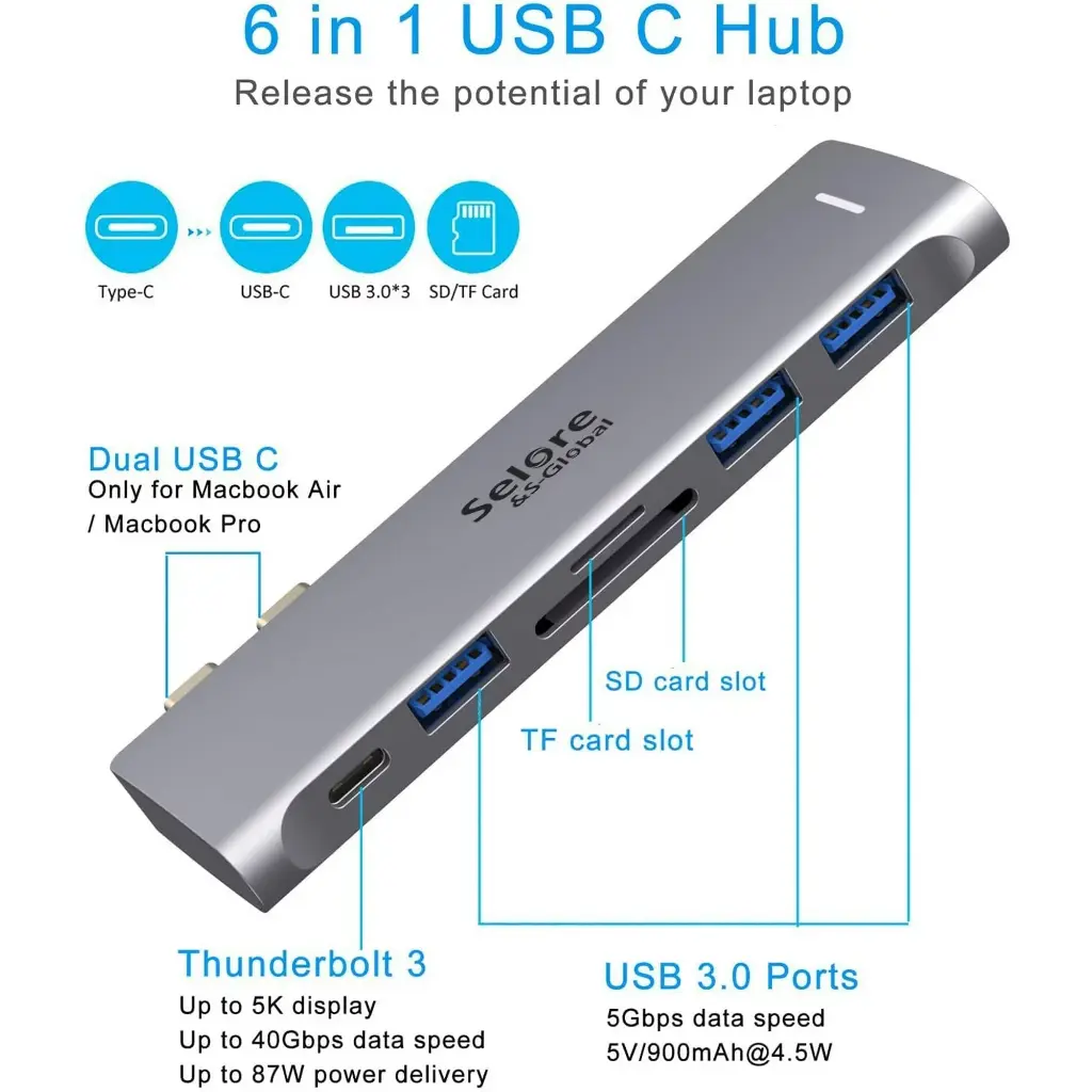 USB C Adapter for MacBook Pro MacBook Air M1 2020 2019 2018 13" 15" 16" Multiport USB C Hub MacBook Accessories with 3 USB 3.0 Ports, PD 100W Thunderbolt 3 Port, SD/TF Slot(6 in 1)