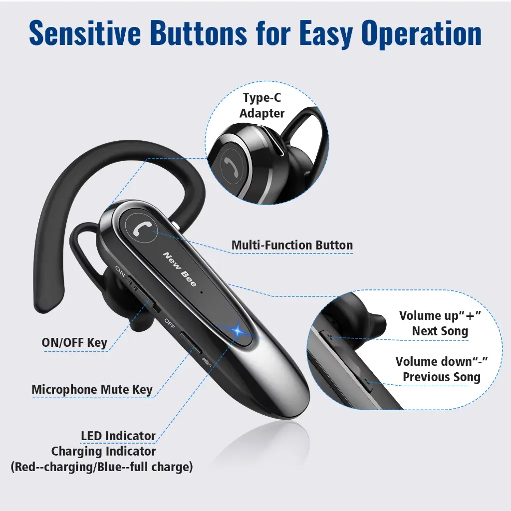 New Bee Bluetooth Headset W/Mic Wireless Earpiece in-Ear Business Earbuds for iOS Android Cellphone