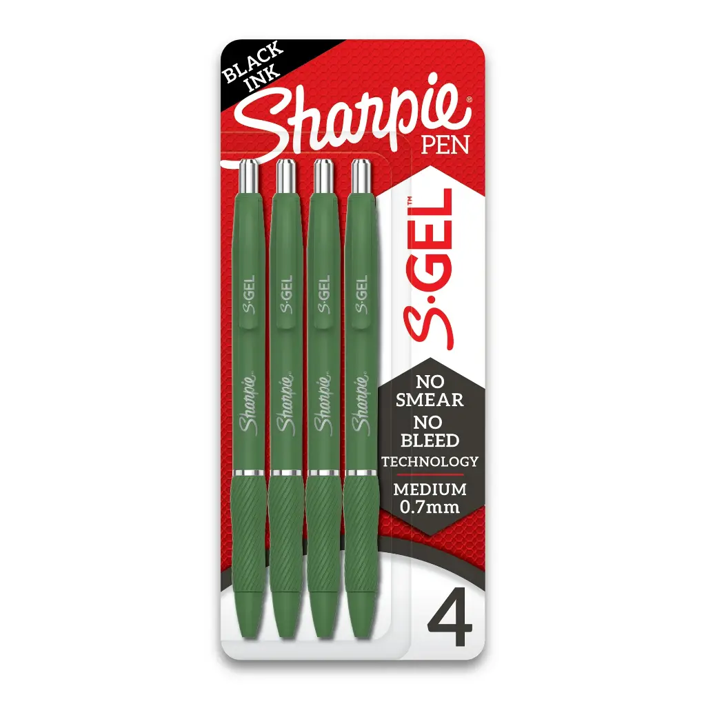Sharpie S-Gel, Gel Pens, Medium Point (0.7mm), Green Barrel, Black Ink, 4 Count