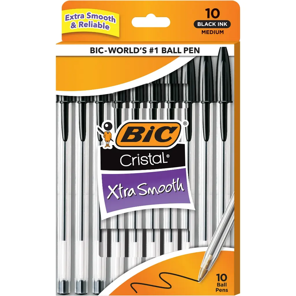 BIC Cristal Xtra Smooth Ballpoint Stick Pens, 1.0 mm, Black Ink, Pack of 10