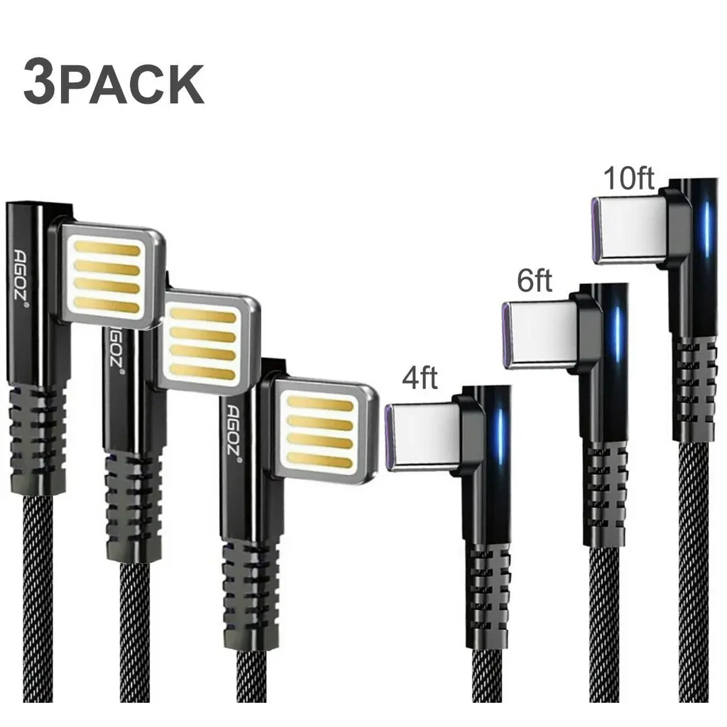 3Pack (4,6,10ft) L Shape AGOZ Type USB C Cable Fast Charger W/ LED for Samsung Galaxy Note 20 10 9, S24 S23 S22 S21 S21+ S20, S20 Ultra, S20+ S9, A10e A12 A13 A14 A21 A24 A32 A42 A51 A52 A53 A54 A71