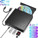 External CD DVD Drive for Laptop, 5-in-1 USB 3.0 Type-C CD DVD ROM +/-RW Burner Writer Reader, iFanze Slim Portable Optical Disk Drive CD DVD Player for Mac Book Linux OS Windows
